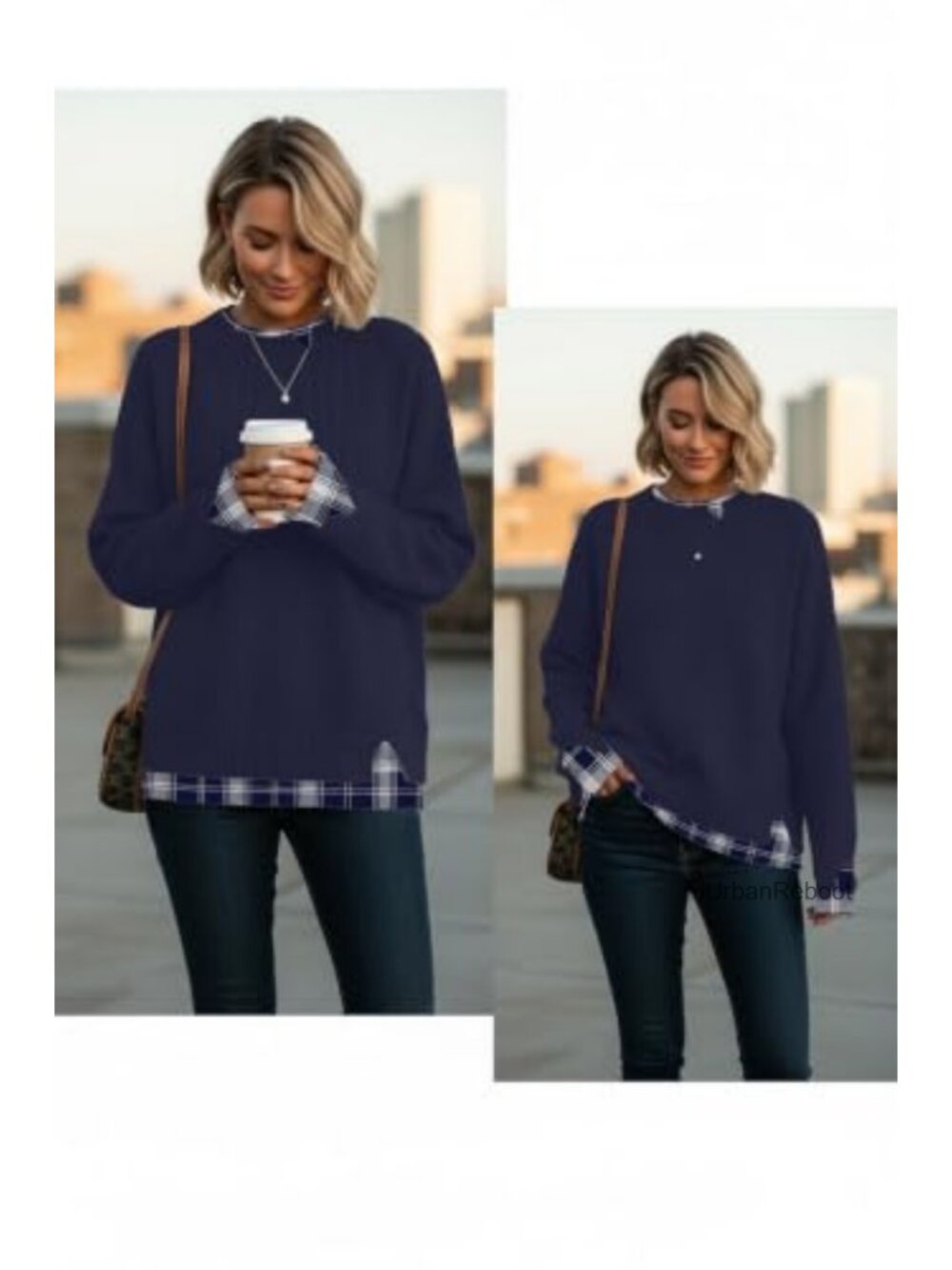 Oversized Cut-Out Crew Neck Pullover Sweater Ribbed Knit Patchwork - Picture 2 of 5
